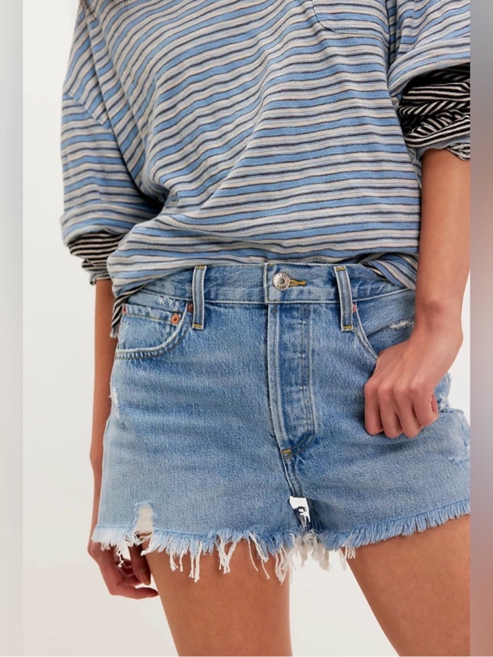 Agolde Light Wash Frayed Hem Denim Shorts